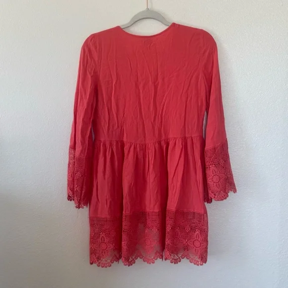 Cupio Red Salmon Crochet Tunic Blouse Lace Bell Sleeve Boho S - Picture 4 of 9